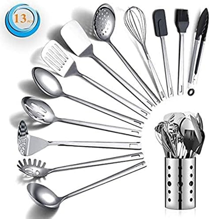 Stainless Steel Cooking Utensils Set, Berglander 13 Pieces Kitchen Utenisls Set, Kitchen Tools Set with Utensil Holder Non-Stick and Heat Resistant,Dishwasher Safe, Easy to Clean (13 Packs)