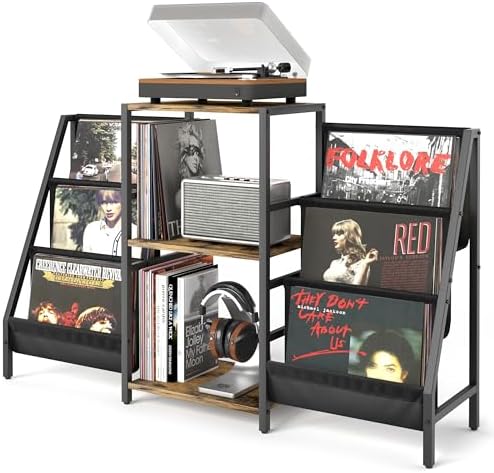 Record Player Stand with Vinyl Storage, Record Player Table with Record Storage 200 Albums, Turntable Stand with Record Holder Vinyl Display Shelf, Record Cabinet Media Stereo (White) - PuriLite