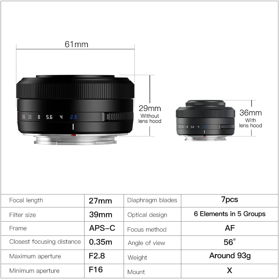 TTartisan 27mm F2.8 Autofocus Lens, Compatible with Fuji X-Mount Cameras X-A3 X-A5 X-A7 X-Ｍ1 X-Ｍ2 X-Ｈ1 X-T1 X-T10 X-T2 X-T20 X-T3 X-T４ X-T100 X-T200 X-T30 X-Pro1 X-Pro2 X-Pro3 X-E1 X-E2 X-E2S