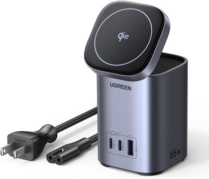 UGREEN Nexode 65W GaN Charger 3-Port, 15W Qi2 Magnetic Wireless Stand | Fast Charging Station, Foldable Magsafe Charger Dock Compatible with iPhone 17 Pro Max, Galaxy S26, iPad