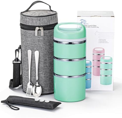 Lille Home Stackable Stainless Steel Thermal Compartment Lunch/Snack Box, 3-Tier Insulated Bento/Food Container with Lunch Bag, Cutlery Set and 3 Extra Seals, 43OZ (Gray)