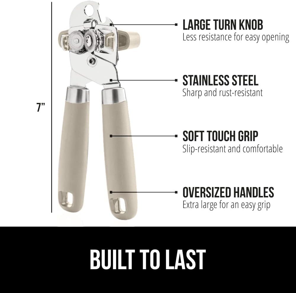 Heavy Duty Stainless Steel Manual Can Opener with Bottle Opener – Smooth Edge Cutter, Soft Grip Handle, Oversized Easy-Turn Knob, Extra Large, Almond - PuriLite
