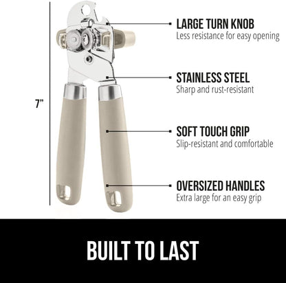 Heavy Duty Stainless Steel Manual Can Opener with Bottle Opener – Smooth Edge Cutter, Soft Grip Handle, Oversized Easy-Turn Knob, Extra Large, Almond - PuriLite