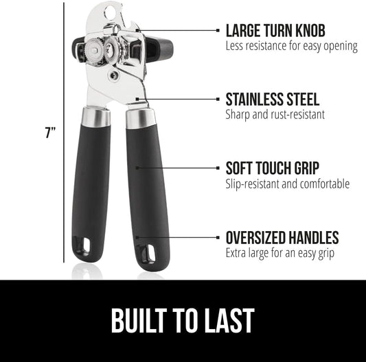 Heavy Duty Manual Can Opener with Bottle Opener – Stainless Steel Smooth Edge Cutter, Easy-Turn Knob, Comfortable Grip, Large Size, Black