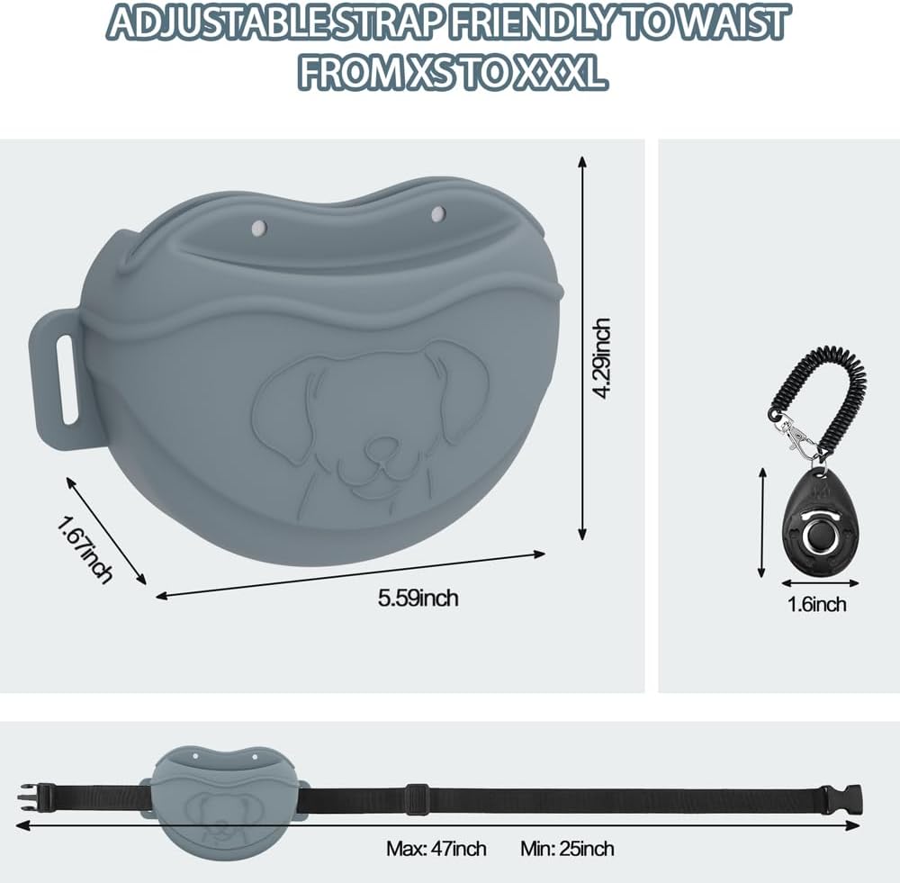 TUCANA Silicone Dog Treat Pouch for Pet Training – Upgraded 4 Strong Magnets Enhanced Magnetic Closure, Ease of Cleaning, Come with Adjustable Wasit Belt and Effective Dog Clicker (Grey)