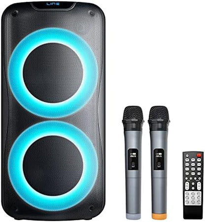 800W Rechargeable Karaoke Machine with Dual 8" Woofers, LED Lights, Bluetooth/USB/AUX, 2 Wireless Microphones & Remote Control (Batteries Not Included), Charging Cable Included