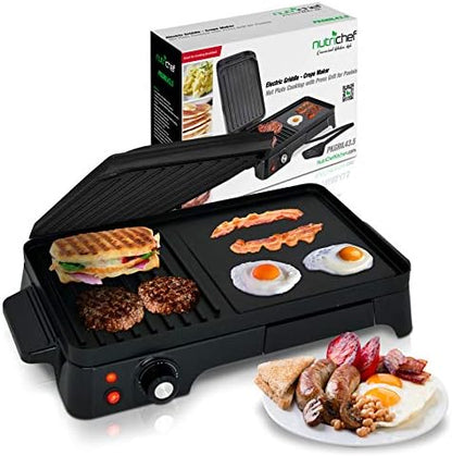 NutriChef Electric Griddle - Dual Hot Plate Cooktop Crepe Maker with Press Grill, Nonstick Coating, Rotary Temperature Control, Plug-in Operation & Oil Tray for Kitchen & Countertop (PKGRIL43)