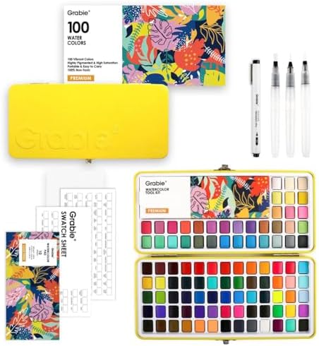 Grabie 50 Color Watercolor Paint Set with Detail Paint Brushes | High Pigment Paints, Blendable Colors, Portable Travel Case, Painting, Sketching, Illustration, Beginner And Hobby Artists