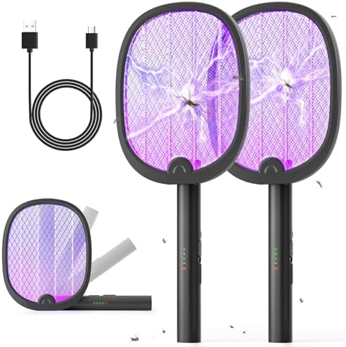 YISSVIC Bug Zapper Racket 4000 Volt Electric Fly Swatter Fly Zapper Dual Modes with Attractant Light Rechargeable Black 2 Pack