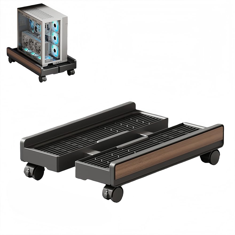 Adjustable Mobile CPU Stand with 4 Caster Wheels, Ventilated Computer Tower Stand, PC Cart Holder for Floor, Computer Desktop Stand for Office, Gamers and Students (ack Wood Grain)