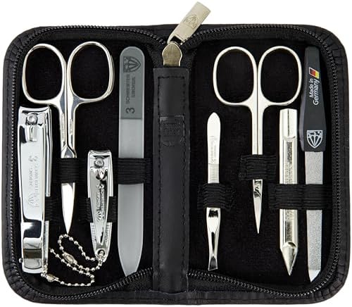 3 Swords Germany - brand quality 8 piece manicure pedicure grooming kit set for professional finger & toe nail care scissors clipper fashion leather case camou in gift box, Made in Germany