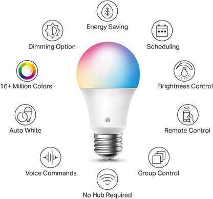 Kasa Smart Light Bulbs, Full Colour Changing Dimmable Smart WiFi Bulbs Compatible with Alexa and Google Home, A19, 9W 800 Lumens,2.4Ghz only, No Hub Required, 2-Pack (KL125P2), Multicolour