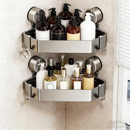 2Pcs Corner Shower Caddy No Drill Rustproof Aluminum Space-Saving Strong Suction Cup Diamond Design Bathroom Shelf Organizer, with 4 Hooks Bathroom Shampoo Holder