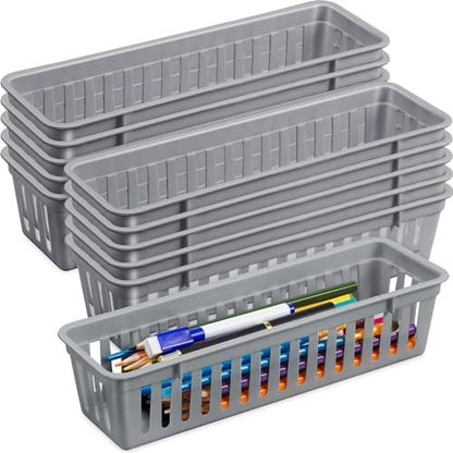 Domensi 24 Pcs Slim Plastic Storage Baskets 10.25 x 3.25 x 2.5 Inches Storage Bins White Drawer Organizer Trays Pencil Holder for Desk Pen Baskets Tray Classroom Garage Containers Supplies (White)