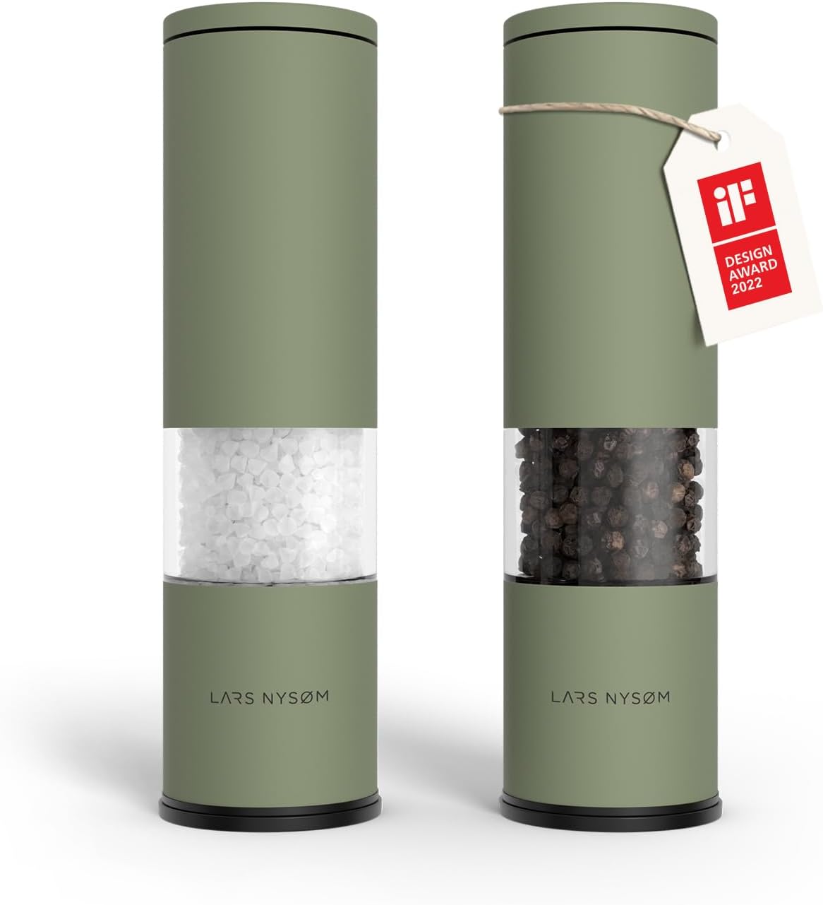 LARS NYSØM Salt and Pepper Mills Set Stainless Steel with Adjustable Ceramic Grinder 2 Pieces I Design Spice Mills Set Manual (Sage Green)