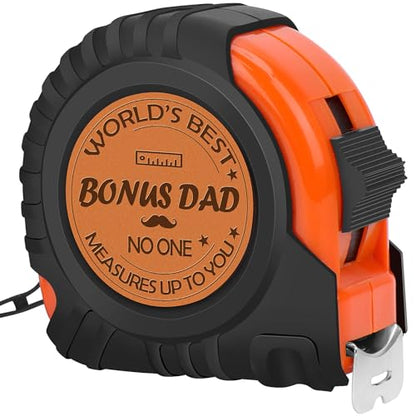Genuine Leather Engraved 25 FT Tape Measure – Bonus Dad & Step Dad Gift – Stocking Stuffer Tool for Men with “No One Measures Up to You” Message