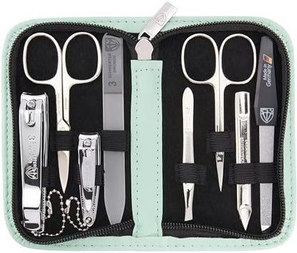 3 Swords Germany - brand quality 8 piece manicure pedicure grooming kit set for professional finger & toe nail care scissors clipper fashion leather case camou in gift box, Made in Germany