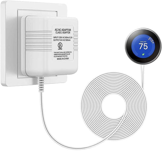 Xwartre Thermostat C Wire 24V Transformer, White Adapter Compatible with Honeywell, Nest, Emerson, Ecobee, Wyze Thermostat and Most Doorbells (7.9m Power Cable)