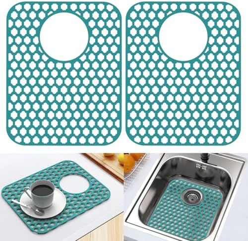 BEHOK 2 Pack Silicone Sink Protector for Kitchen Sink Bathroom Sink 13.58"x 11.6" Sink Mat, Non-Slip and Durable Silicone Sink Grid, Rear Drain (Gray)