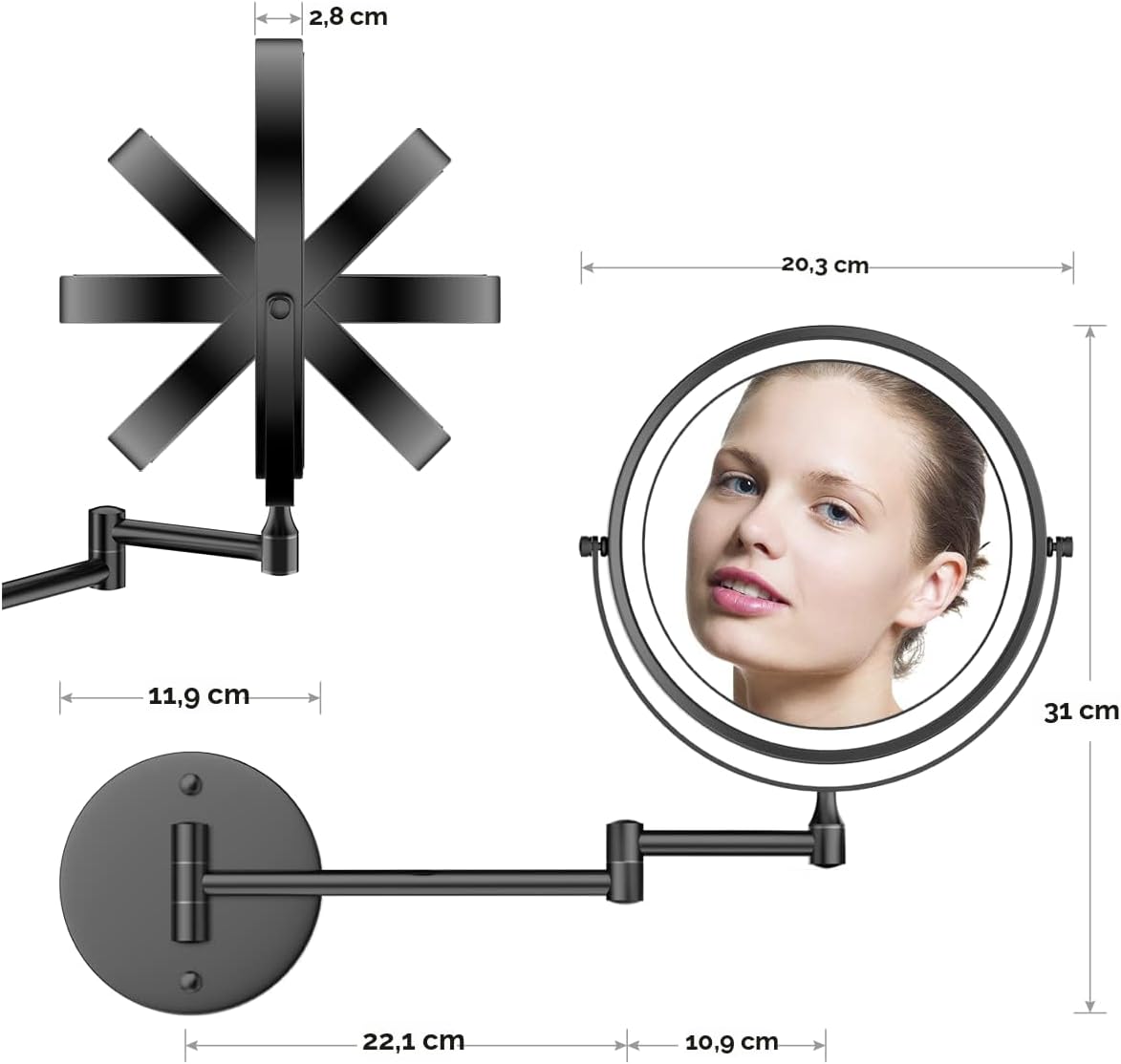 Miroir de maquillage mural rechargeable, miroir de courtoisie LED double face de 20 cm avec agrandissement 1X/10X, miroir de salle de bain de 33 cm avec écran tactile et 3 couleurs d’éclairage