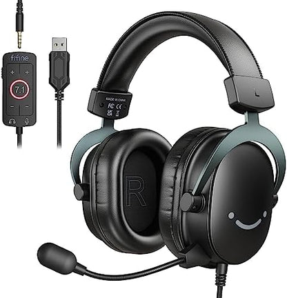 Fifine PC Gaming Headset with USB/3.5mm Jack for Laptop Computer, Over Ear Wired Headphones with 7.1 Surround Sound, Detachable Microphone, Volume Control, Noise Cancelling for PS5/Xbox/Switch-H9