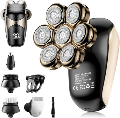 SHPAVVER Head Shavers for Bald Men: 5-in-1 Detachable Electric Bald Razor-IPX7 Waterproof Wet/Dry Shaving-Rechargeable 7D Rotary Shaver Grooming Kit-LED Display & Type-C Charge