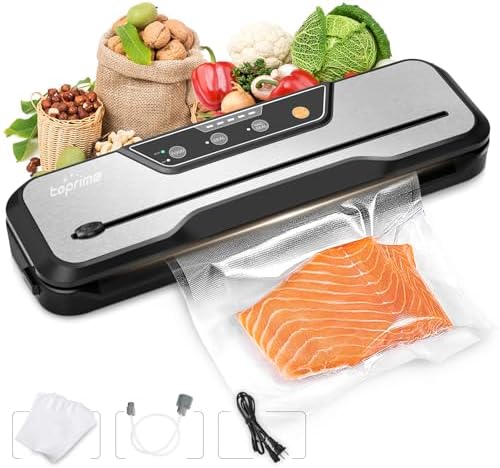 Toprime Automatic Vacuum Sealer Machine, 80kPa Powerful Food Sealer Built-in Cutter with Sealing Bag and Hose, Vacuum Air Sealing System for Seal a Meal and Sous Vide