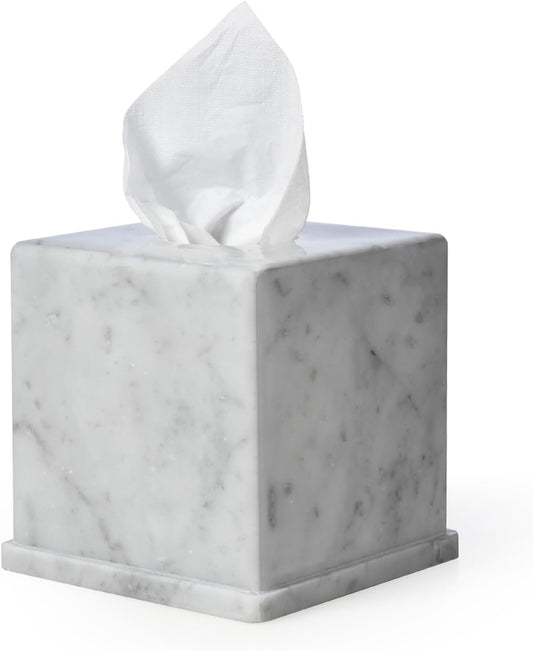 HAMAKAWA Natural Marble Tissue Box Cover, Carrara White Tissue Organizer 6 Inch, Heavy Stone Decorative Box, Square Tissue Box Holder for Home Decor, Kitchen, Bathroom, Bedroom