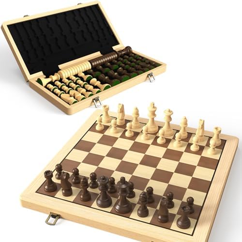 Puecrof 15" Wooden Folding Chess & Checkers Set – 2-in-1 Board Game with Staunton Chess Pieces, 3" King, Extra Queens, Classic Strategy Game for Adults & Kids - PuriLite