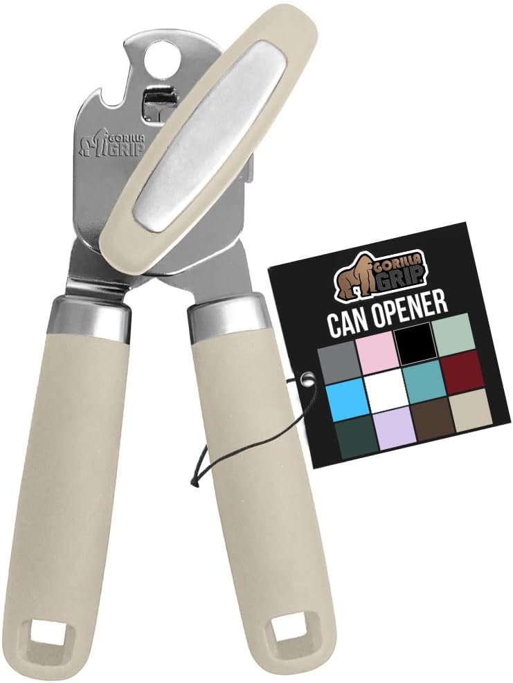 Heavy Duty Stainless Steel Manual Can Opener with Bottle Opener – Smooth Edge Cutter, Soft Grip Handle, Oversized Easy-Turn Knob, Extra Large, Almond - PuriLite