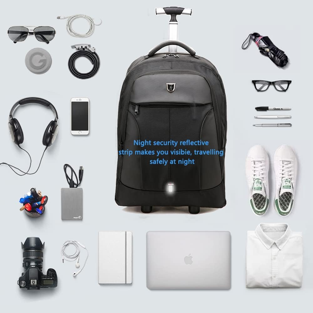 YH&GS Rolling, Waterproof Wheeled Backpack for Business, College, Travel; 52L, Fits 17 Inch Laptop; Patented 7-Inch Wide Wheel; Black
