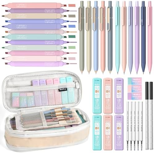 Nicpro 39 PCS Aesthetic School Supplies, Cute Pen Case Stationery Set,Green | 12 Highlighters, 5 Quick Dry Gel Pens, 6 Mechanical Pencils 0.5 & 0.7 mm, Back to School Kit for Student College Essentials