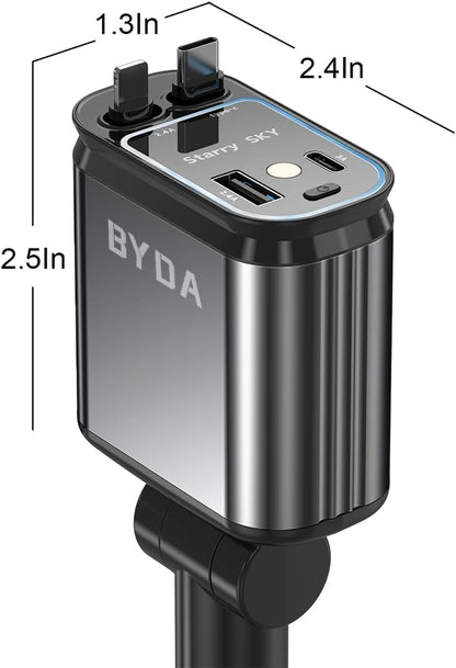 4 in 1 Retractable Car Charger 69W with Starry Light,69W Fast Charging USB C for iPhone 16/15/14/13/12,Pixel, Cigarette Lighter Charger,180° Adjustable Plug,Multi-Device Support