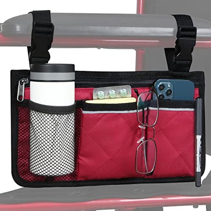 Wheelchair Side Bag, Wheelchair Armrest Storage Pouch with Cup Holder and Reflective Strip for Wheelchairs, Walkers or Rollators (Black)
