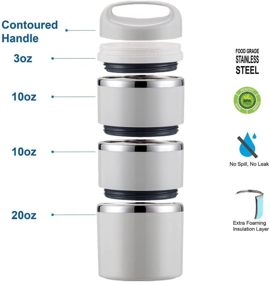 Lille Home Stackable Stainless Steel Thermal Compartment Lunch/Snack Box, 3-Tier Insulated Bento/Food Container with Lunch Bag, Cutlery Set and 3 Extra Seals, 43OZ (Gray)