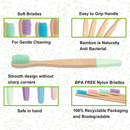 Bamboo Toothbrush, Charcoal Tooth Brush, Natural Wooden Toothbrushes, Soft Bristles Toothbrushes for Kids (Mixed Colors)10 Pcs