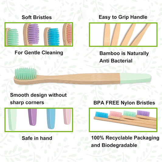 Bamboo Toothbrush, Charcoal Tooth Brush, Natural Wooden Toothbrushes, Soft Bristles Toothbrushes for Kids (Mixed Colors)10 Pcs