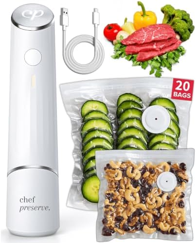 Chef Preserve Compact Vacuum Sealer for Food (Vacuum Sealer Machine + 20 Reusable Vacuum Bags) Powerful Handheld Vacuum Sealer Machine, Seal Meal Saver, Portable Food Sealer