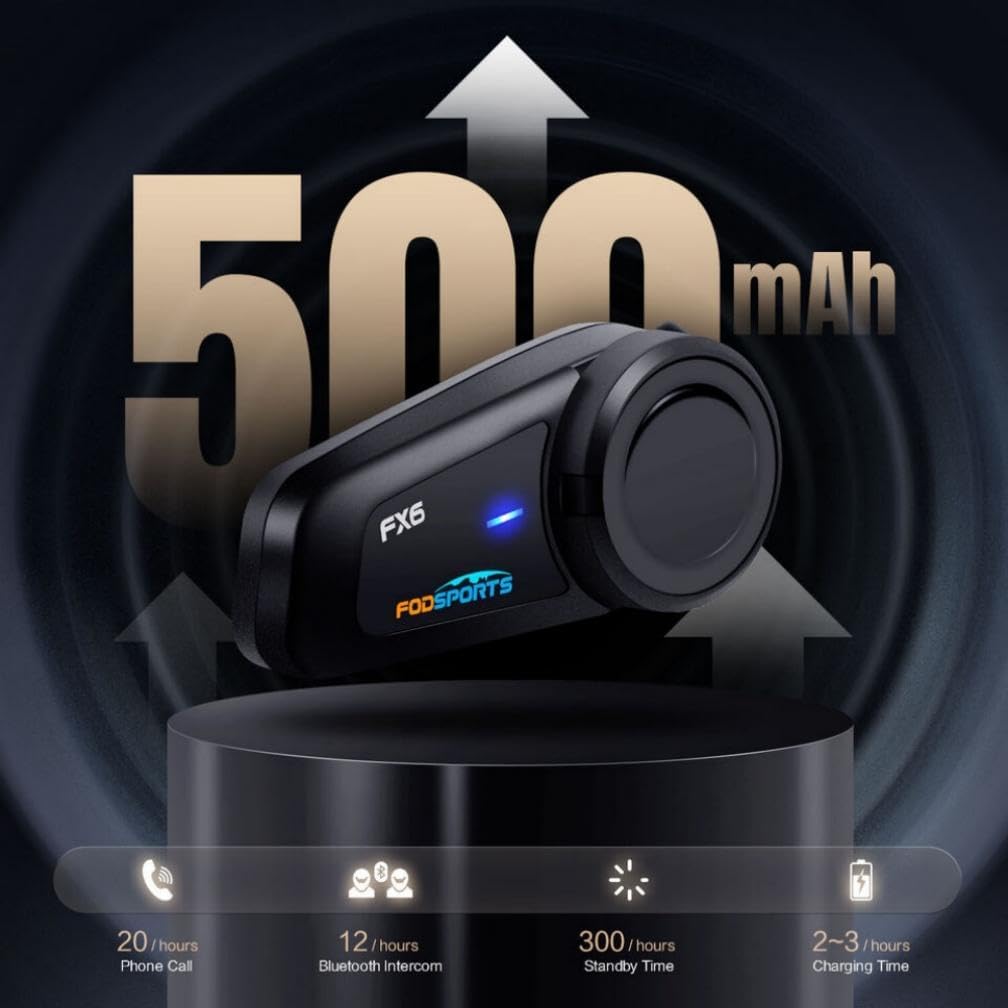 Fodsports FX6 Motorcycle Bluetooth Headset – 6 Riders Group Intercom 1000m Range, Helmet Communication System with Noise Cancellation, Voice Dial & Ride-While-Charging (2 Pack)