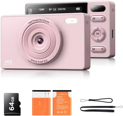 64GB Digital Camera for Kids Photography: 48MP Mini Camera Anti Shake 1080P Video Camera Autofocus 16X Zoom Anti Shake Point and Shoot Camera 2 Batteries Gift for Kid Student Beginner Black