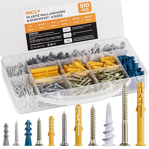 INCLY 230 PCS Drywall Anchors and Screws Assortment Kit,115 Plastic Self Drilling Wall Anchors for Drywall and 115 Flat Head Screw,5 Sizes Heavy Duty Galvanized Screw and Wall Plug Bolts with Box