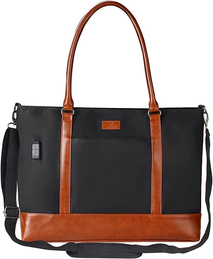 Laptop Bag for Women 17.3 Inch Laptop Tote Bag Large Work Tote Bag Waterproof Work Bag Teacher Bag with USB Charging Port Computer Tote Bag Nylon Handbag Satchel Shoulder Bag(17.3 inch, Black) - PuriLite
