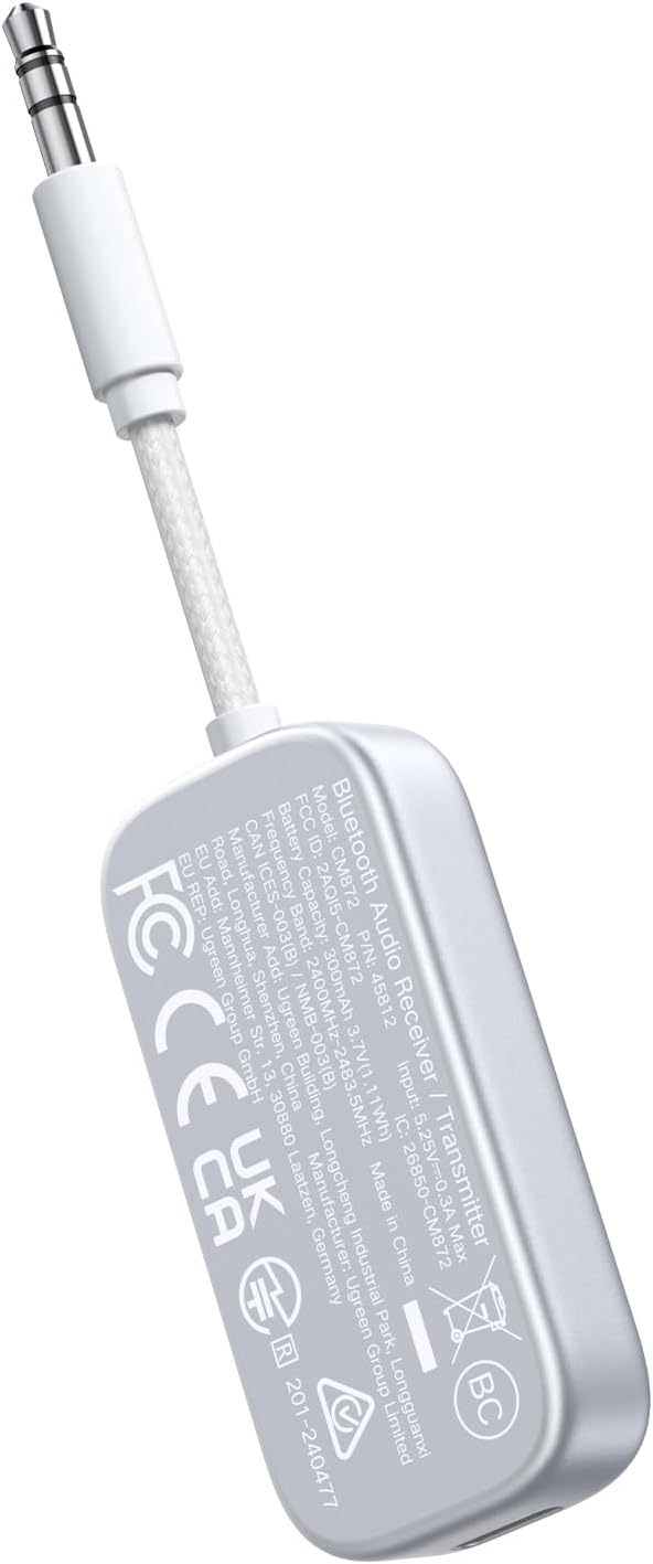 UGREEN 2 in 1 Bluetooth Transmitter and Receiver for Airplane Bleutooth 5.4 Audio Adapter with 3.5mm Aux Jack Compatible with Car, TV, Stereo System, Bluetooth Audio Splitter for Airpods Headphones