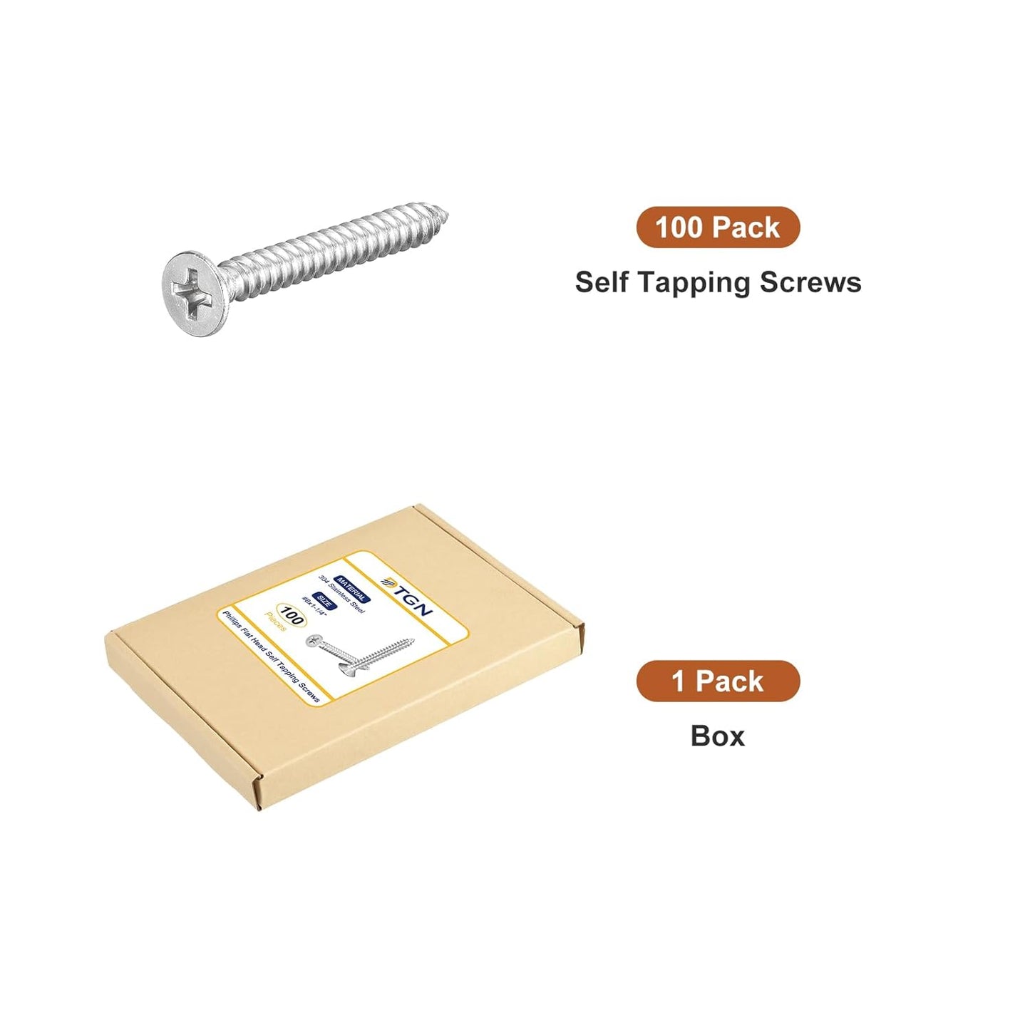DTGN 100Pcs #8x1 Flat Head Wood Screws, 304 Stainless Steel Phillips Self Tapping Screws - Good for Woodworking, Furniture - Silver