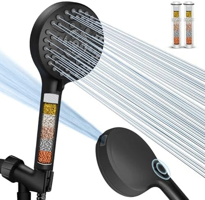 High Pressure 10-Mode Handheld Shower Head - Built in Power Wash for Clean, Replaceable Filter Soften Hard Water Remove Chlorine, 60 Inches Hose, Overhead Bracket, Anti-Clog Nozzle (Chrome)