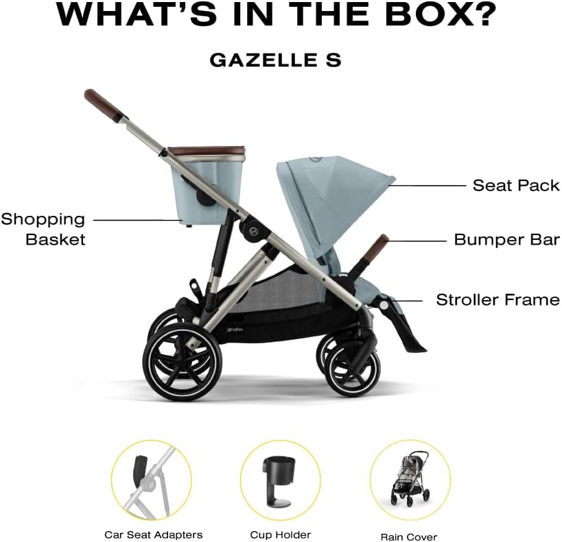 Cybex Gazelle S 2 Stroller – Modular Double Stroller for Infant and Toddler, Includes Detachable Shopping Basket, Over 20+ Configurations, Folds Flat for Easy Storage - Sky Blue/Taupe Frame