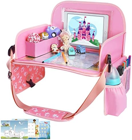 Kids Travel Tray for Car Seat | Portable Lap Desk with Dry Erase Drawing Board, Tablet Holder & Cooler Cup Holder
