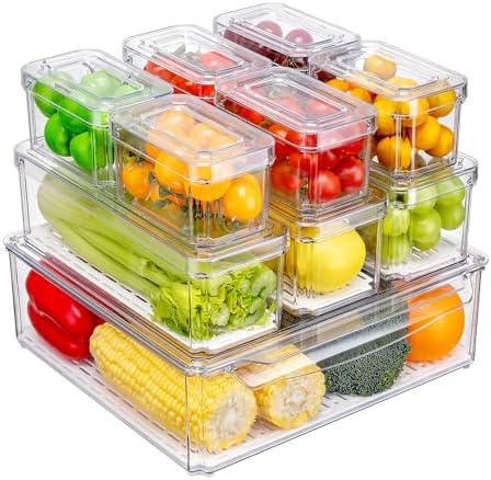 Pure Future 10-Pack Fridge Organizers and Storage with Lids - Clear Plastic Refrigerator Bins with Drain Trays - Stackable Produce Saver for Fruit, Veggies and Pantry, BPA-Free