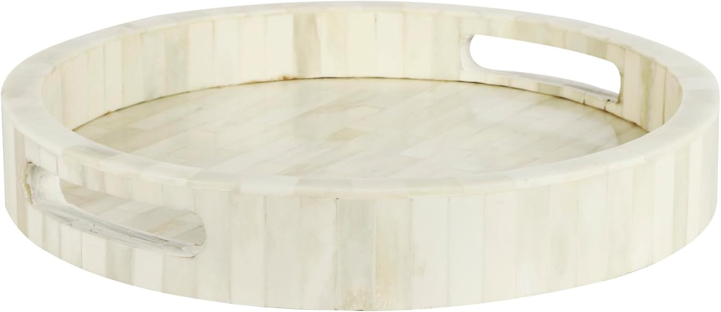 Handicrafts Home 12” Round Decorative Tray – White Bone Inlay Marble Ottoman & Coffee Table Tray with Handles, Modern Farmhouse Centerpiece & Living Room Organizer - PuriLite