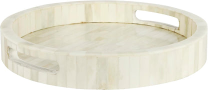 Handicrafts Home 12” Round Decorative Tray – White Bone Inlay Marble Ottoman & Coffee Table Tray with Handles, Modern Farmhouse Centerpiece & Living Room Organizer - PuriLite